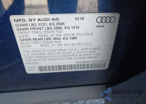 2019 Audi Sq5 3.0T Premium z USA, uszkodzony, nr VIN WA1B4AFY3K2072201